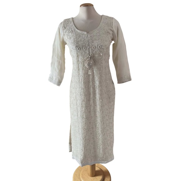 Dresses & Skirts - Ivory Chikankari Embroidered Kurta Tunic with Sequin Accents and Pearl Tassels